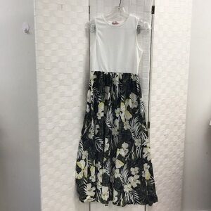 Sleeveless White Top Maxi Dress with Black & Green Floral Skirt